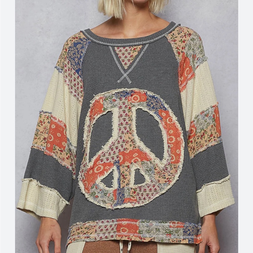 POL Patchwork Peace Sign Long Sleeve Flowy Top